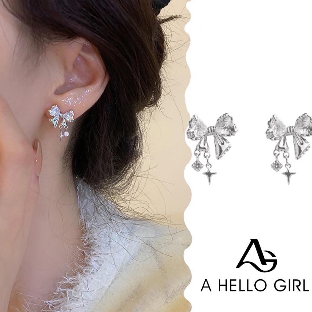 A HELLO GIRL ต่างหูเพทาย รูปโบว์ และดาว ระดับไฮเอนด์ แฟชั่นสําหรับผู้หญิง