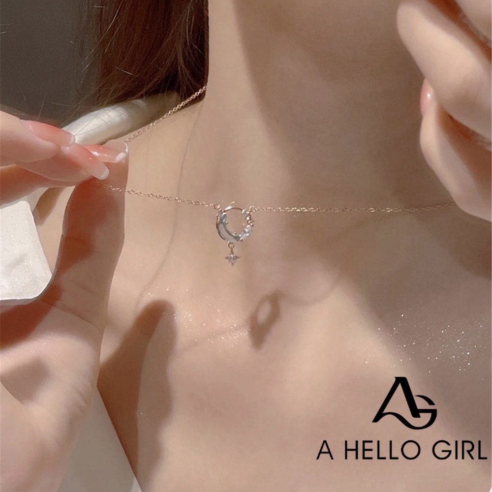 A HELLO GIRL สร้อยคอโซ่เงินแท้ เกรด 925 จี้รูปดาว และดวงจันทร์ หรูหรา เครื่องประดับ สําหรับผู้หญิง