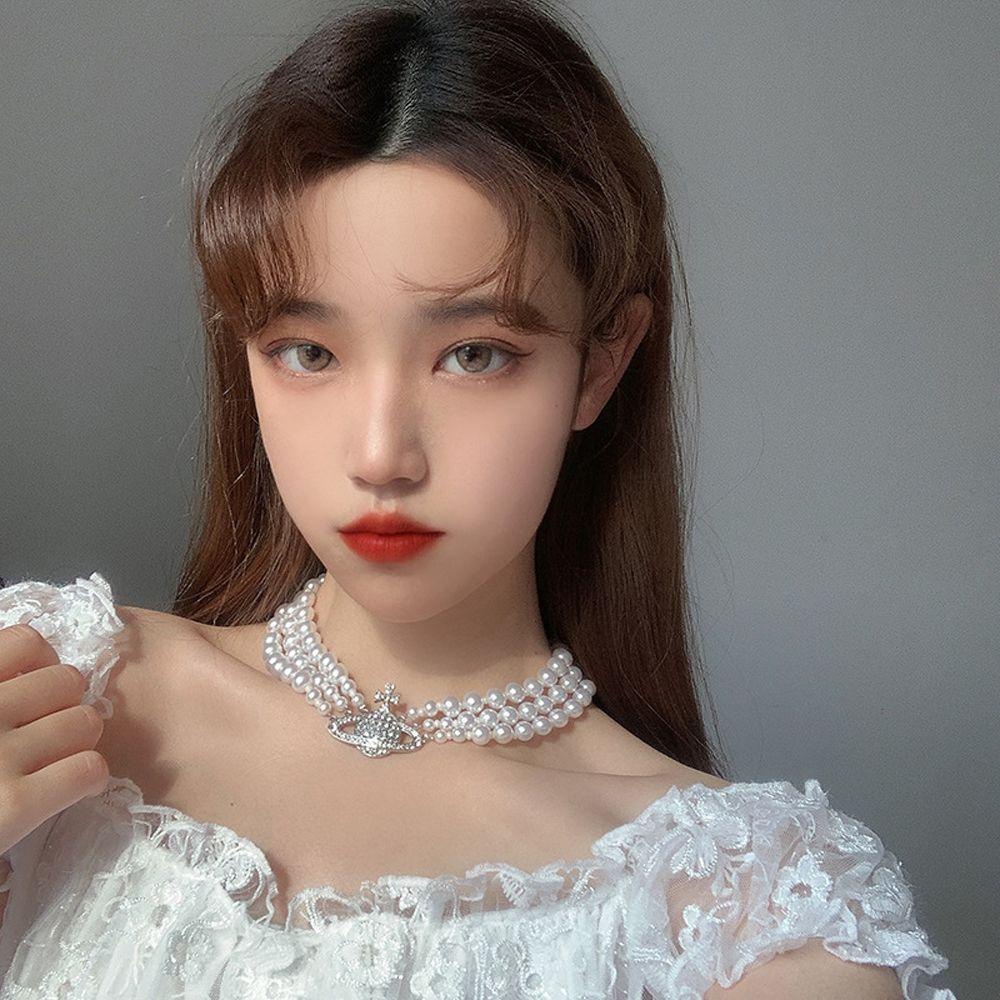 Ahour สร้อยคอ โลหะผสม สามชั้น ประดับมุก สไตล์บาร็อค เครื่องประดับ สําหรับผู้หญิง