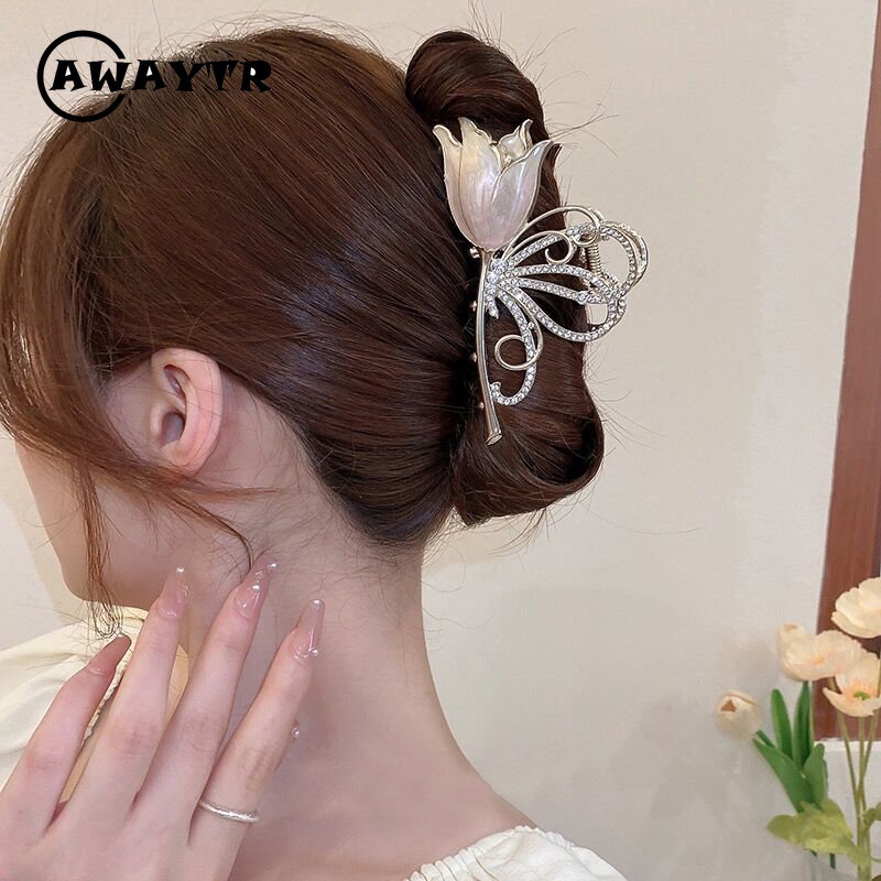Awaytr กิ๊บติดผม รูปดอกทิวลิป ประดับพลอยเทียม แฟชั่นสําหรับผู้หญิง