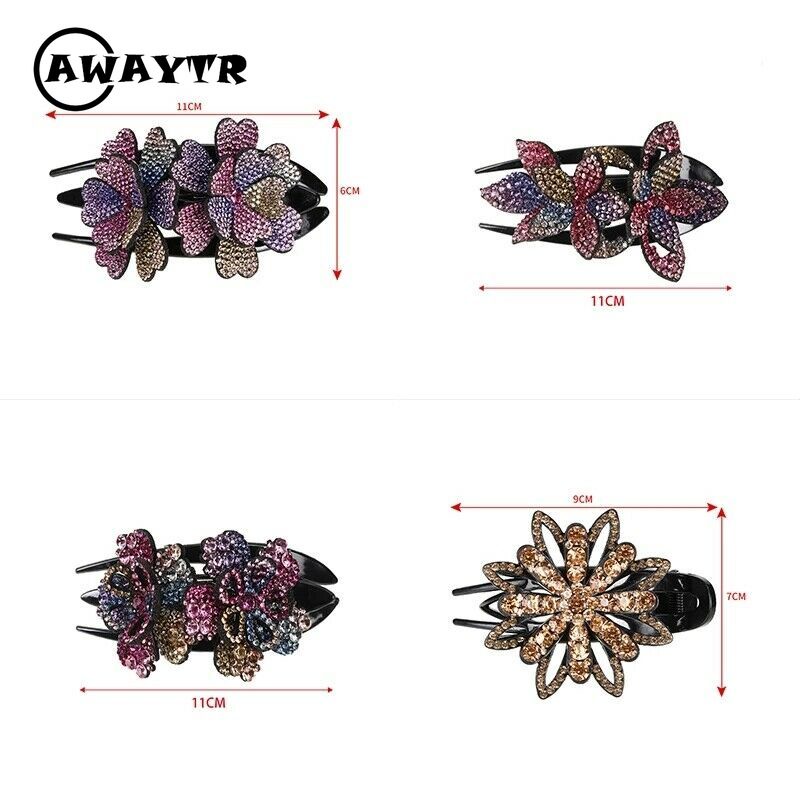 Awaytr กิ๊บติดผมหางม้า พลอยเทียม ดอกไม้คู่ เครื่องประดับผม หรูหรา สําหรับผู้หญิง