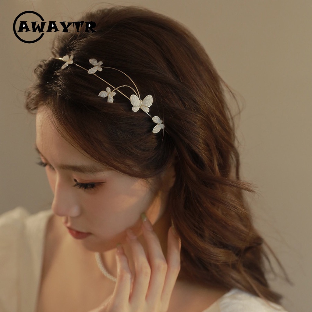 Awaytr ที่คาดผม โลหะผสม ประดับไข่มุก ผีเสื้อ เครื่องประดับ แฟชั่นใหม่ สําหรับผู้หญิง