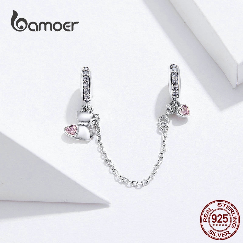 BAMOER 925 Sterling Silver Cat Heart Safety Chain with Silicone Charm