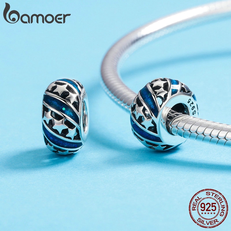 BAMOER Spacer Beads fit Women Bracelet Bangles DIY Genuine 925 Sterling Silver Sparkling Star Blue Enamel SCC636