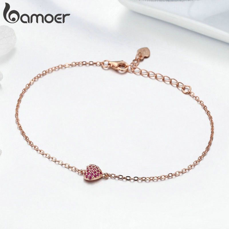 BAMOER สร้อยข้อมือ ปรับระดับได้ เเต่งจี้หัวใจ สีโรสโกลด์ ขนาด 22 ซม. สำหรับผู้หญิง