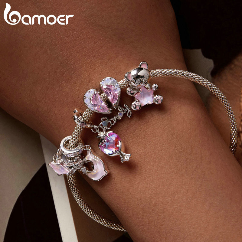 Bamoer สร้อยข้อมือ เงินแท้ 925 จี้รูปดาว หัวใจ สีชมพู เครื่องประดับ สําหรับผู้หญิง คู่รัก DIY