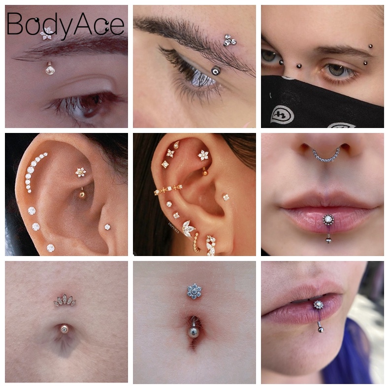 Bodyace 1 ชิ้น สเตนเลส คิ้ว เจาะ ดอกไม้ คริสตัล ลิป แหวน เอเลี่ยน โค้ง บาร์เบล เกลียว เจาะ ต่างหู