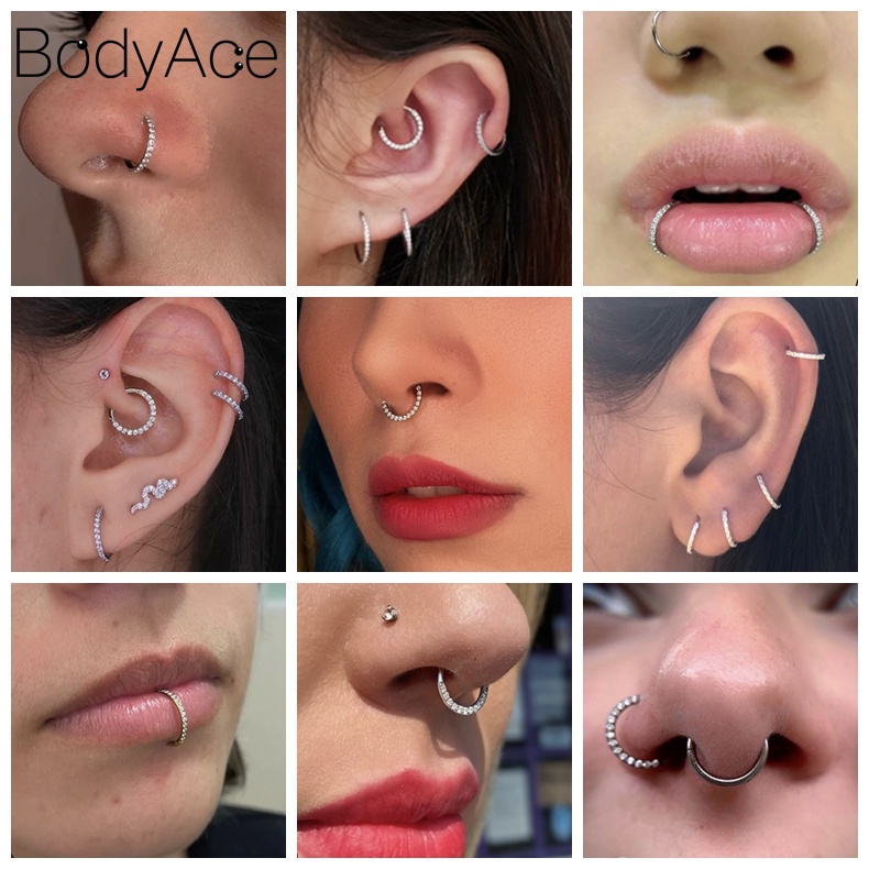 Bodyace 1 ชิ้น สเตนเลส เจาะจมูก คริสตัล จมูก Septum แหวน Clicker Daith Helix เจาะห่วง ต่างหู