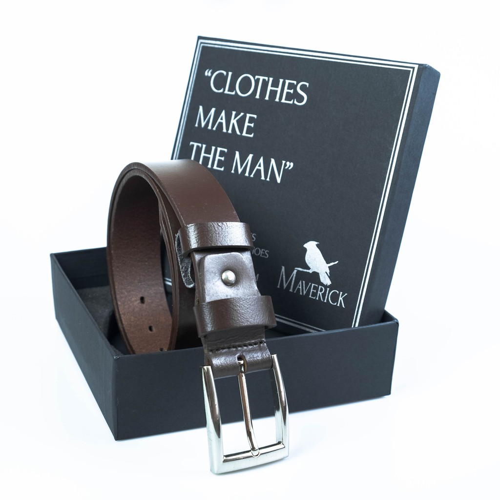 Brown casual leather belt - เข็มขัดหนังฟอกฝาดแท้สีน้ำตาล : MAVERICKSHOES