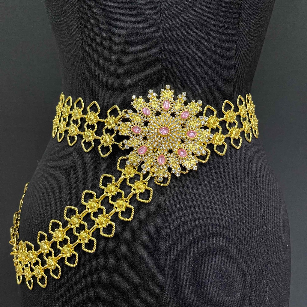 Bเข็มขัดชุดไทยสำหรับผู้หญิง สีทอง และสีเงิน ประดับด้วยพลอย งานฝีมือประณีต