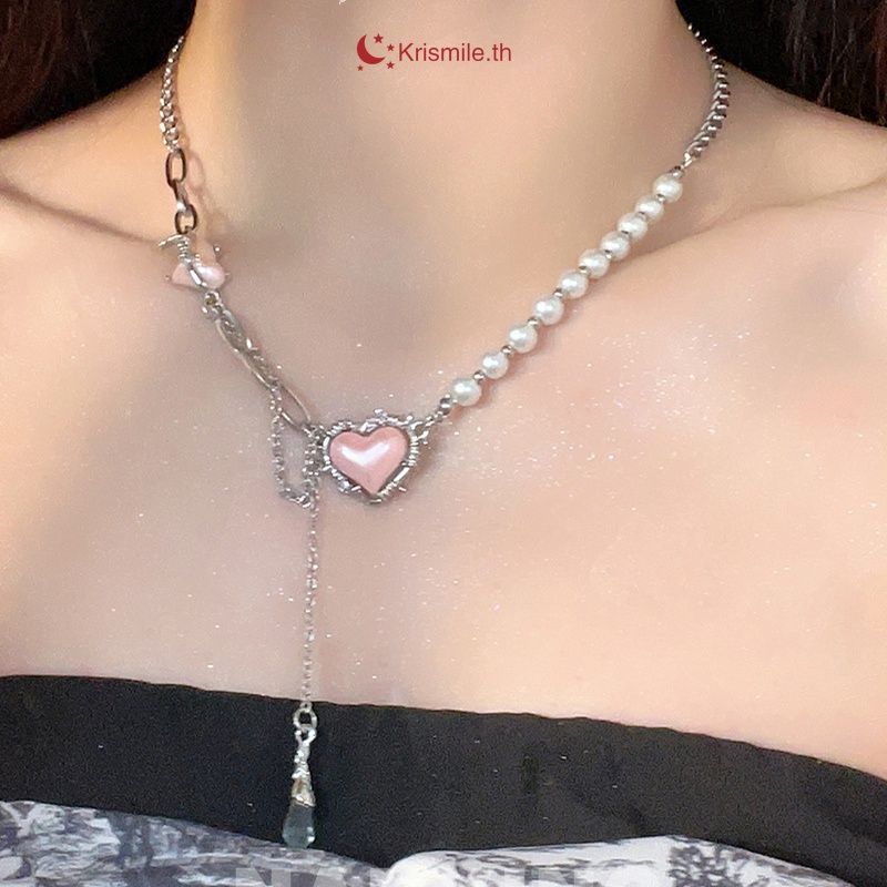 COD-ในไทย สร้อยคอ จี้ลายหัวใจมุก สีชมพู y2kสไตล์เกาหลี นักเรียนสำหรับผู้หญิง-Krismile.th