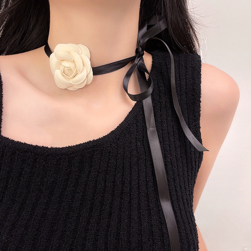 Camellia โช้คเกอร์ ประดับโบว์ ลายดอกไม้ สีขาว เครื่องประดับแฟชั่น