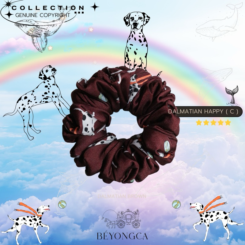 DALMATIAN HAPPY ( C ) ลายลิขสิทธิ์เฉพาะที่ BEYONGCA ผ้าซาตินพรีเมี่ยม SCRUNCHIES RUBBER BRAND หนังยางมัดผม ยางรัดผม