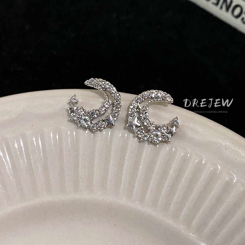 DREJEW  ต่างหูเพชร 925 รูปดวงจันทร์ ดาวห้าแฉก หรูหรา เรียบง่าย ใช้แล้วไม่แพ้ อเนกประสงค์