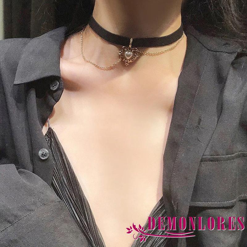 Demq- สร้อยคอกํามะหยี่ จี้หัวใจ ประดับมุก สีทอง ปรับได้ สไตล์วินเทจ สําหรับผู้หญิง