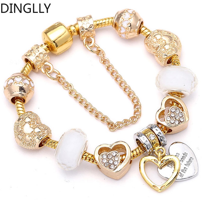 Dinglly สร้อยข้อมือ จี้รูปหัวใจ สีทอง สําหรับผู้หญิง Diy วันพรุ้ง ลูกชาย โคเฮอร์ ลูกปัด เสน่ห์