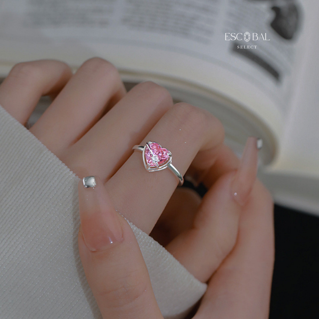 ESCOBAL ประสบความสำเร็จ พร้อมส่ง แหวนเงินแท้ Pink Heart  แหวนเพชรสีชมพู ขายดี สไตล์ใหม่ 2024 ไม่ลอกไม่ดำ