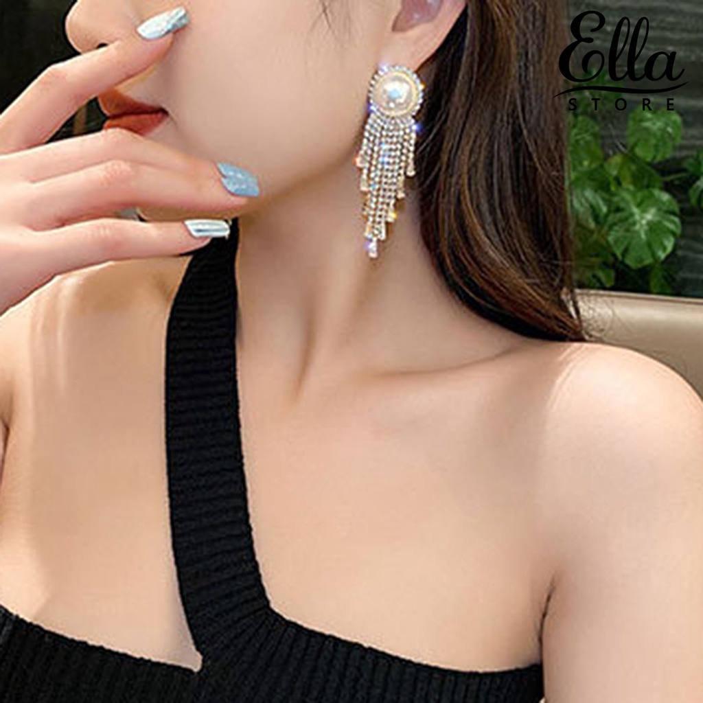 Ellastore123 ต่างหูระย้า รูปโบว์ ประดับไข่มุกเทียม พลอยเทียม 1 คู่