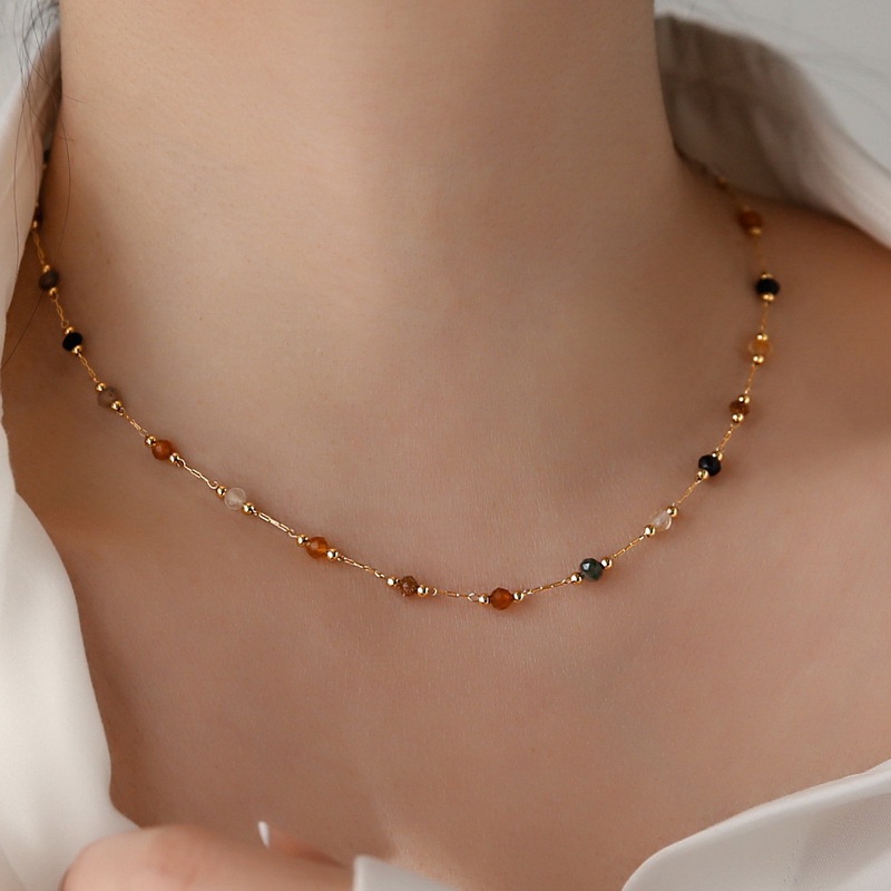 Ht สร้อยคอโซ่เหล็กไทเทเนียม ชุบทอง 18K ประดับหินธรรมชาติ หรูหรา ไม่จางหาย สําหรับผู้หญิง