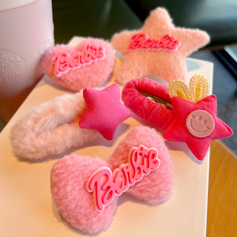 Kawaii กิ๊บติดผม ผ้ากํามะหยี่ขนนิ่ม ลายการ์ตูนอนิเมะบาร์บี้ สีชมพู สําหรับเด็กผู้หญิง