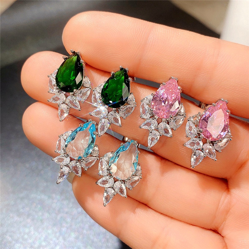 LALA.ต่างหูเพทาย รูปหยดน้ํา ประดับเพชร สีชมพู สําหรับผู้หญิง