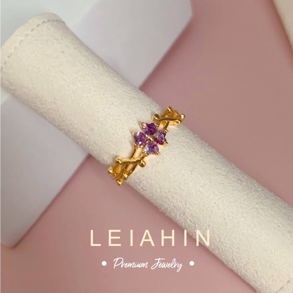LEIAHIN แหวนแฟชั่น แหวนทอง 18k ประดับเพทาย สีม่วง ปรับได้ เครื่องประดับแฟชั่น สําหรับผู้หญิง