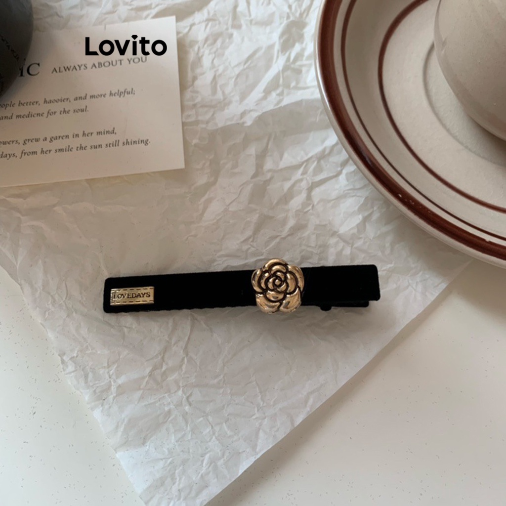 Lovito กิ๊บติดผมสตรี ลายดอกไม้ ลำลองสีพื้น สำหรับสตรี LFA03131 (สีดำ)