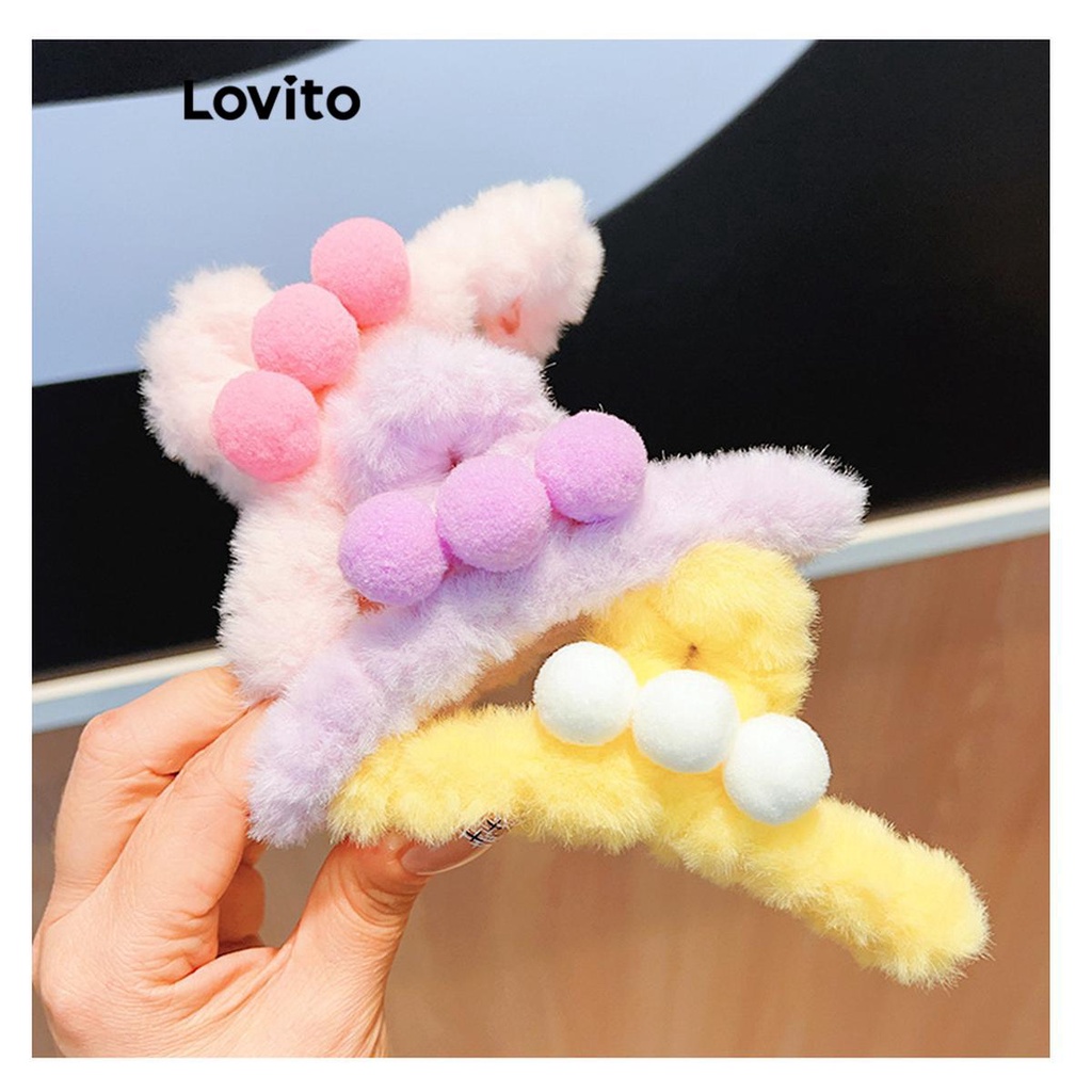 Lovito คลิปหนีบผมผู้หญิง แบบขนนิ่ม แต่งปอมปอม สไตล์น่ารัก LFA11024
