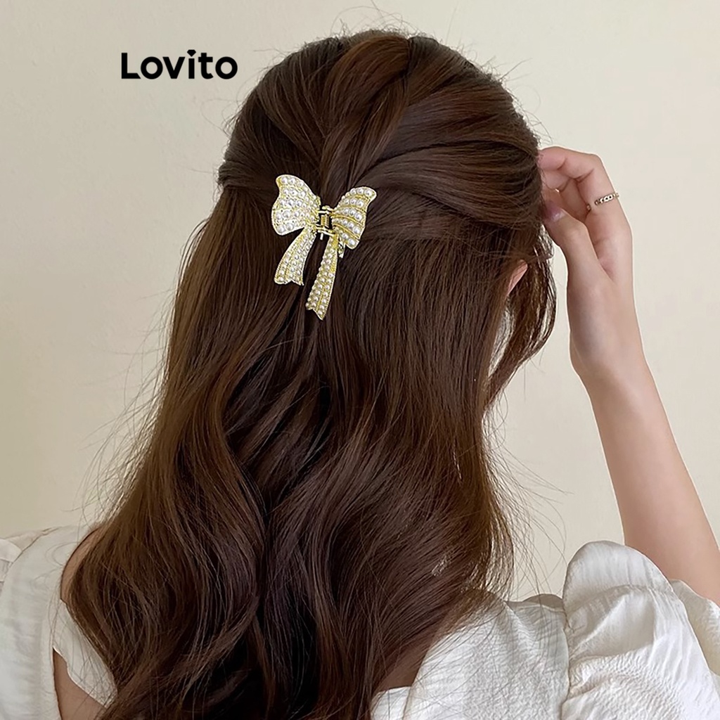 Lovito คลิปหนีบผมรูปโบว์ แต่งไข่มุก สำหรับผู้หญิง สไตล์ลำลอง LFA04140 (สีทอง)
