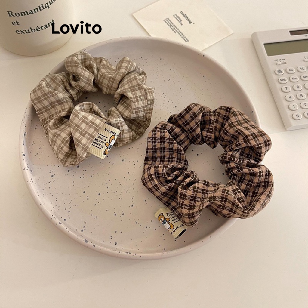 Lovito ยางรัดผมแบบผ้า ลายตาราง สไตล์ลำลอง สำหรับผู้หญิง LFA08442 (สีกาแฟ / สีกากีอ่อน)