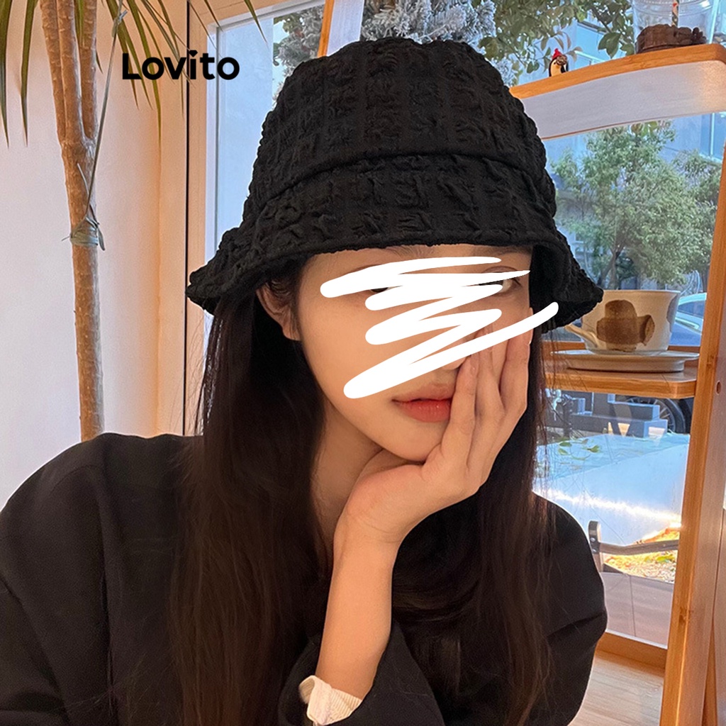 Lovito หมวกผู้หญิง แบบจีบย่น สีพื้น สไตล์ลำลอง L63AD279 (สีแอปริคอต/ สีดำ)