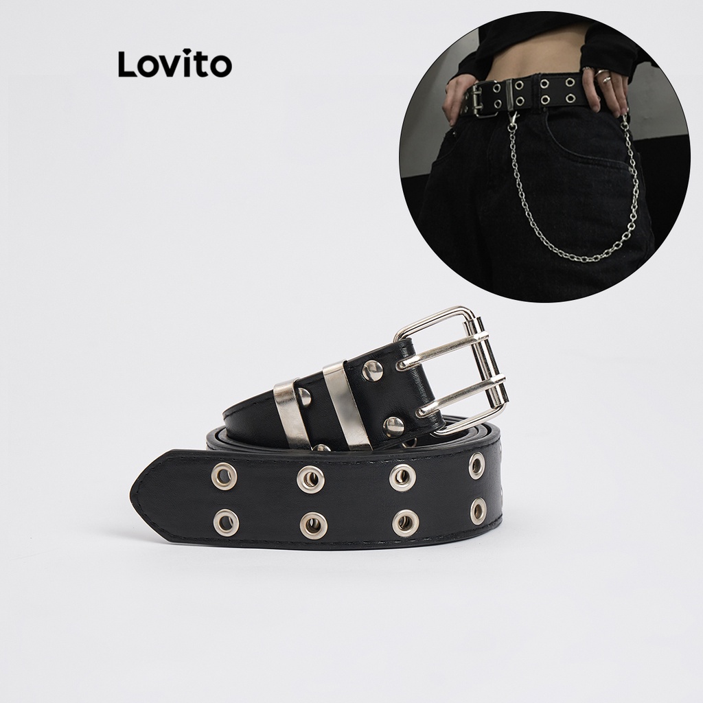 Lovito เข็มขัดลำลอง สีพื้น สายโซ่ Y2K สำหรับผู้หญิง L60AD093 (สีดำ)