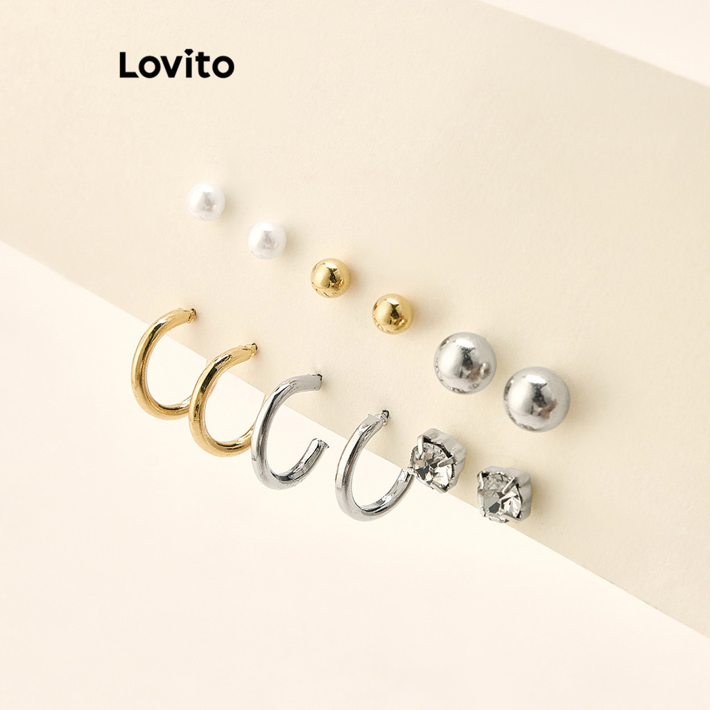 Lovito เซ็ทต่างหูผู้หญิง แต่งพลอยเทียม สีเรียบ สไตล์ลำลอง LCS02027
