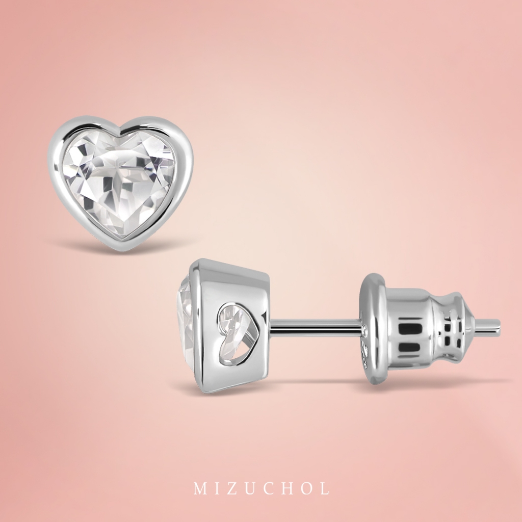 Mizuchol- ต่างหูเงินแท้ประดับพลอยแท้ White Topaz -Mini Heart Earrings