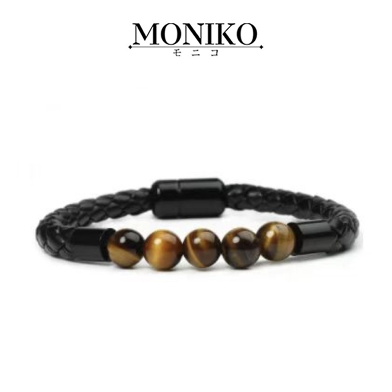 Moniko การออกแบบดั้งเดิม สร้อยข้อมือไทเกอร์อายเชือกสีดำ กำไลแฟชั่นผู้หญิงผู้ชาย