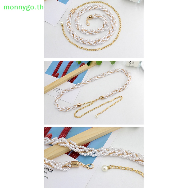 Monnygo เข็มขัดยางยืด ประดับลูกปัดไข่มุก หรูหรา แฟชั่นสําหรับผู้หญิง TH