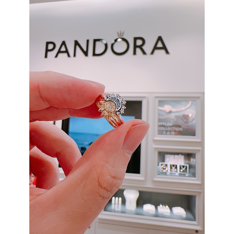 Pandora Pandora แหวนคู่รัก ลายดวงจันทร์ สีฟ้า หรูหรา เข้ากับทุกการแต่งกาย สําหรับผู้หญิง