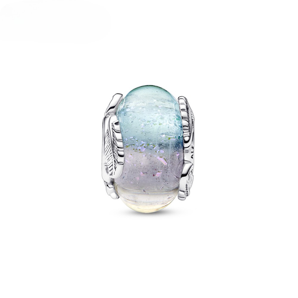 Pandora  แก้วมูราโน่หลากสี & จี้เครื่องประดับขนนกโค้ง Charm จี้เงิน Charms สร้อยข้อมือ Charms