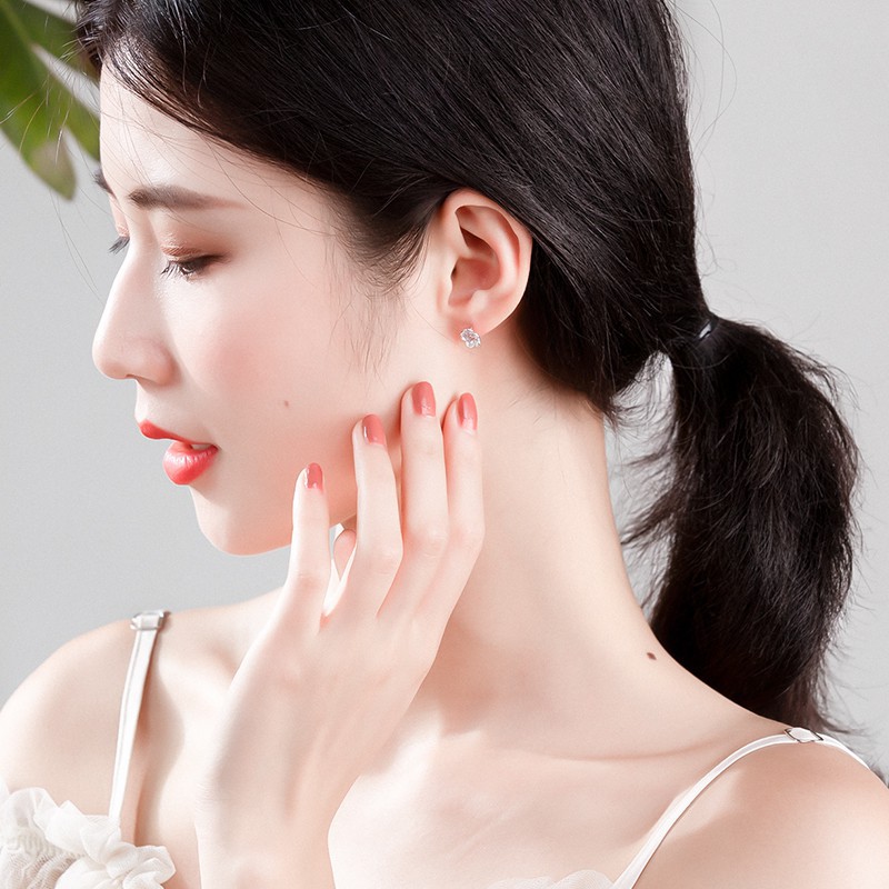 S925 เงินเพทายสีชมพูดอกซากุระนักเรียนน่ารักป่าเล็กสดต่างหูดอกไม้ A757