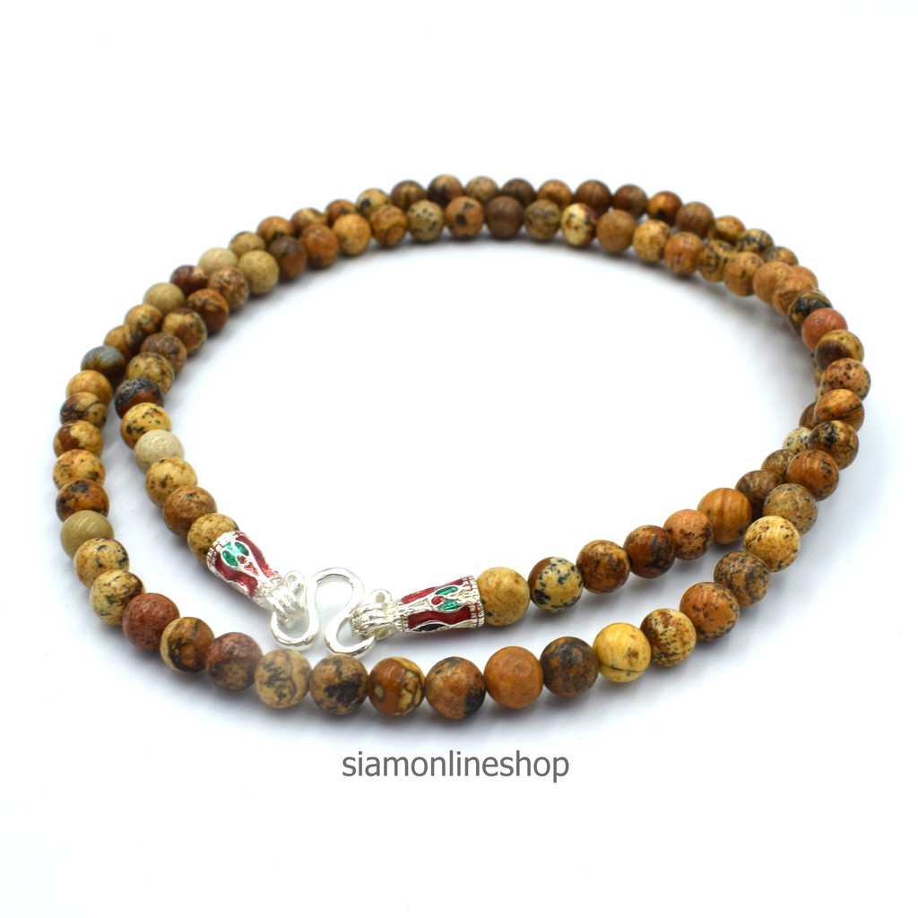 STONE NECKLACE สร้อยคอหินแท้ หินพิกเจอร์ จัสเปอร์ picture jasper ขนาด 5 มม. ตะขอเงินลงยา by siamonlineshop