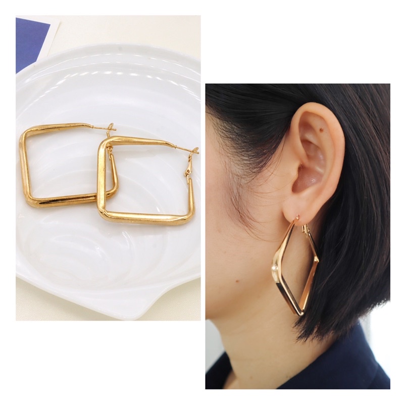 WFH ต่างหูผู้หญิง ต่างหูห่วงสี่เหลี่ยม ต่างหูห่วงวงกลม สีทอง สีเงิน  FE163