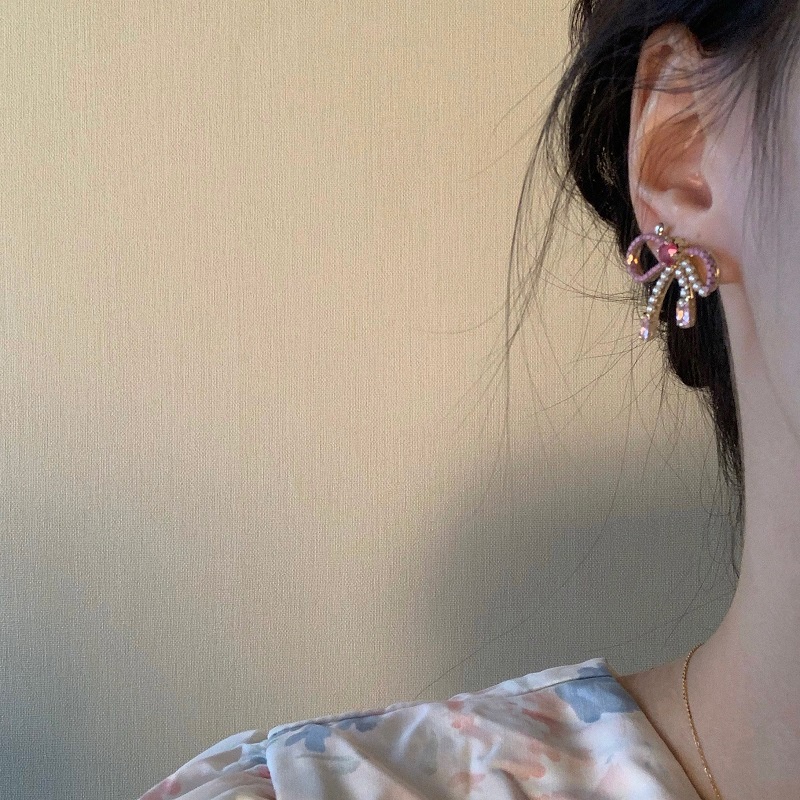 XIYA ต่างหูเข็มเงิน 925 ประดับไข่มุก เพทาย สีชมพู แฟชั่นเรโทร