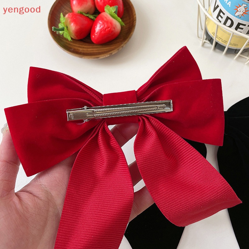(YGD) กิ๊บติดผม ริบบิ้น โบว์กํามะหยี่ ขนาดใหญ่ สีดํา สีแดง สําหรับผู้หญิง งานแต่งงาน วินเทจ