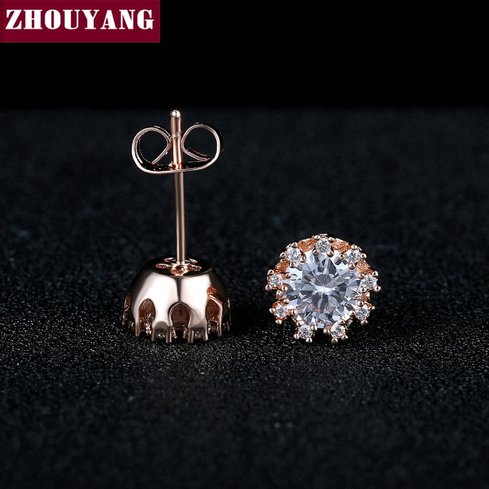 ZHOUYANG มงกุฎเจ้าหญิง Cubic Zirconia กุหลาบสีทอง / สีเงิน Stud Earrings เครื่องประดับแฟชั่น ZYE021 ZYE022