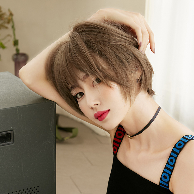 d3110 วิกผมสั้น แบบมีตาข่ายคลุมผม เหมาะสำหรับใบหน้ากลม