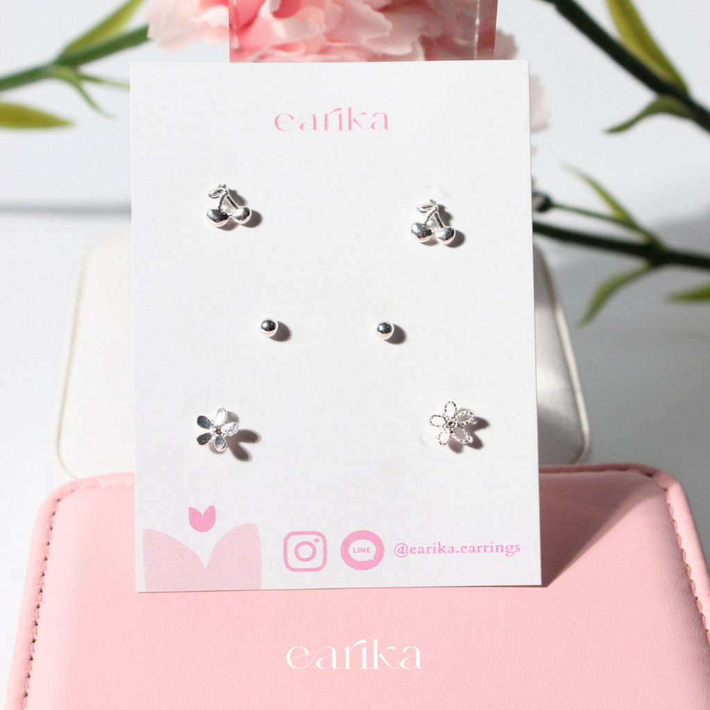 earika.earrings - cherry on top set เซ็ตต่างหูก้านเงินแท้ตีมดอกไม้เชอร์รี่ เหมาะสำหรับคนแพ้ง่าย