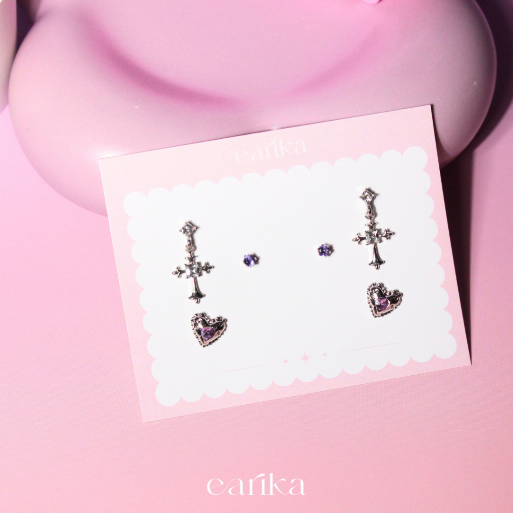 earika.earrings -  irish soul cross set เซ็ตต่างหูแป้นทับธีมหัวใจสีม่วง ก้านเงินแท้ เหมาะสำหรับคนแพ้ง่าย