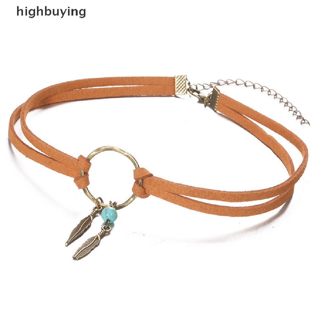 [highbuying] Women Bohemian Choker Boho Feather Bead Pendant Brown Leather Chain Necklace Fashion Lady Jewelry Party Gift New Stock