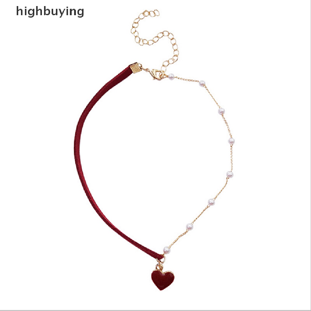 [highbuying] สร้อยคอ โช้คเกอร์ จี้ไข่มุก รูปหัวใจ สีแดง อสมมาตร เครื่องประดับแฟชั่นสตรี พร้อมส่ง
