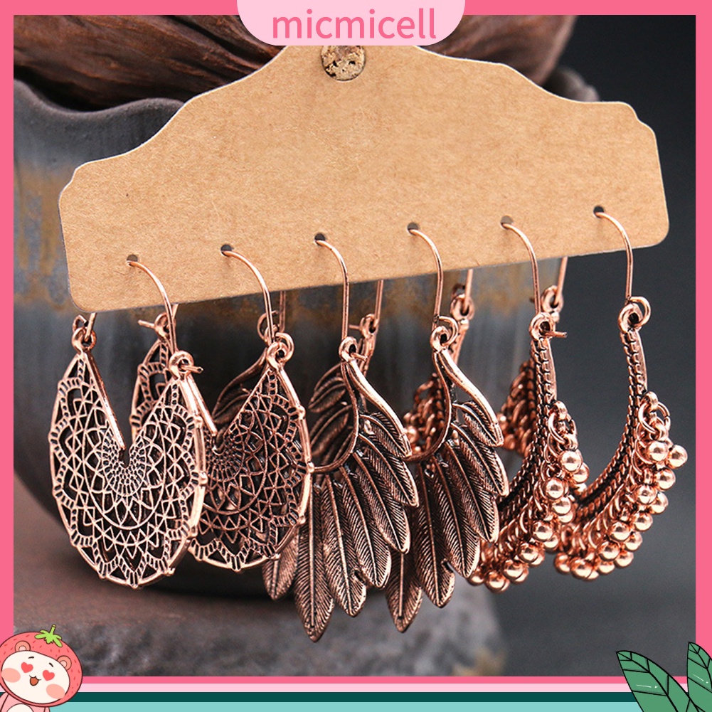 (micmicell) ต่างหูตะขอ ห้อยจี้ขนนก ทรงกลม สไตล์โบโฮ ยิปซี เครื่องประดับสตรี 3 คู่